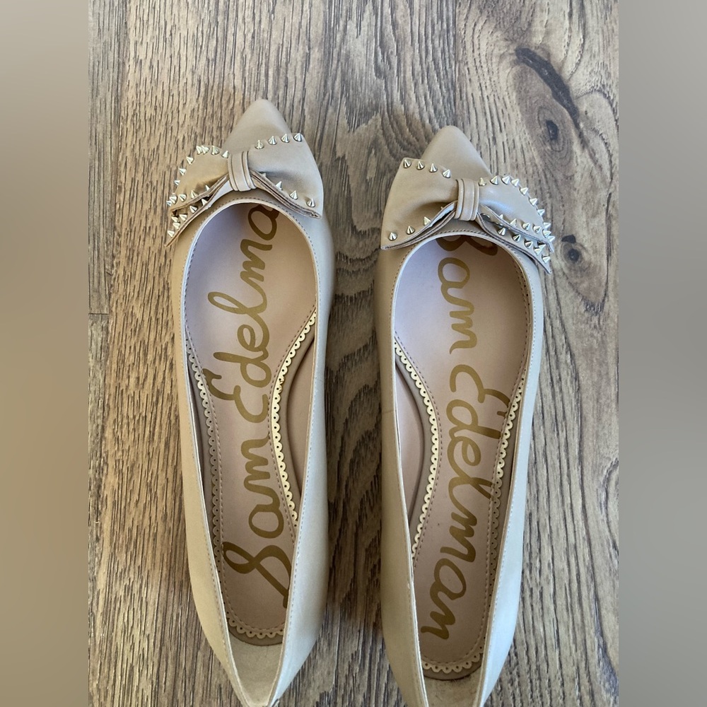 Sam Edelman Women’s Tan Leather Flats Shoes Studded Bow Size 9.5 Ballet Raisa